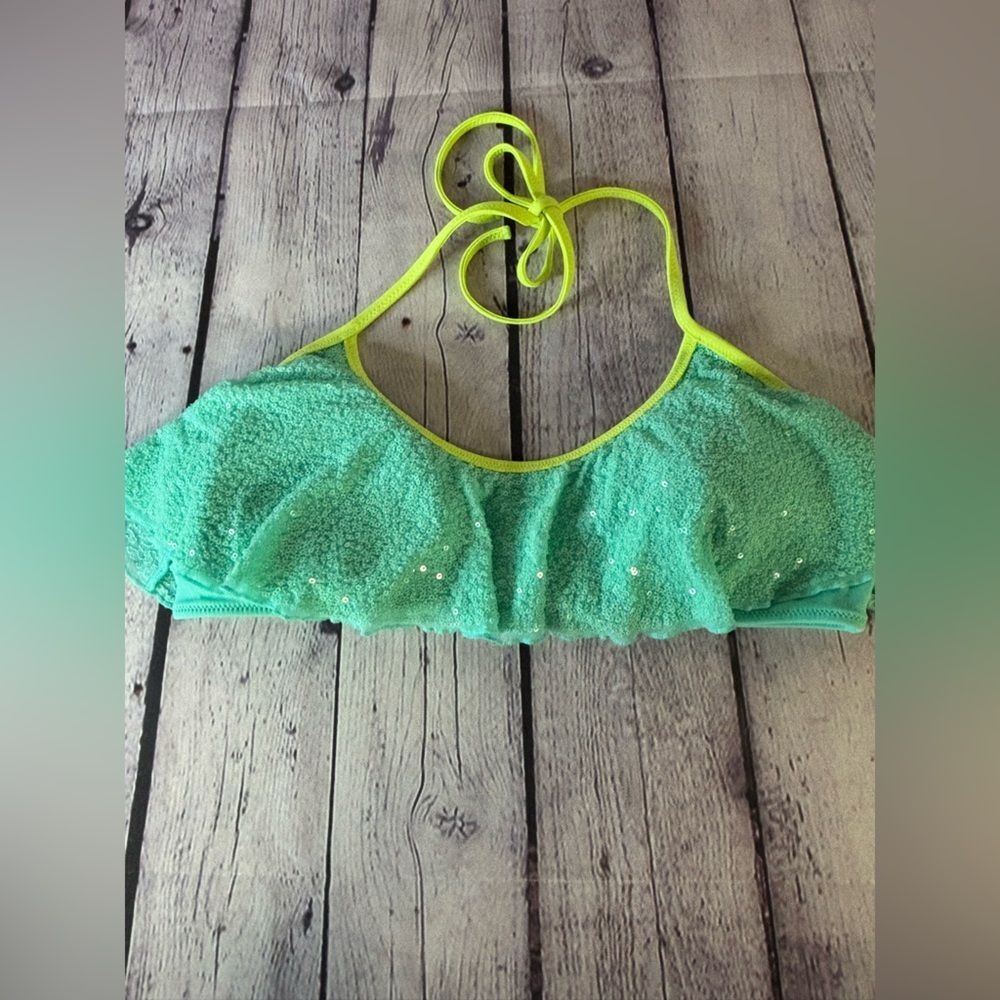 Victoria's Secret Bikini TOP Halter Aqua Green Sequins Neon Chartreuse Trim L